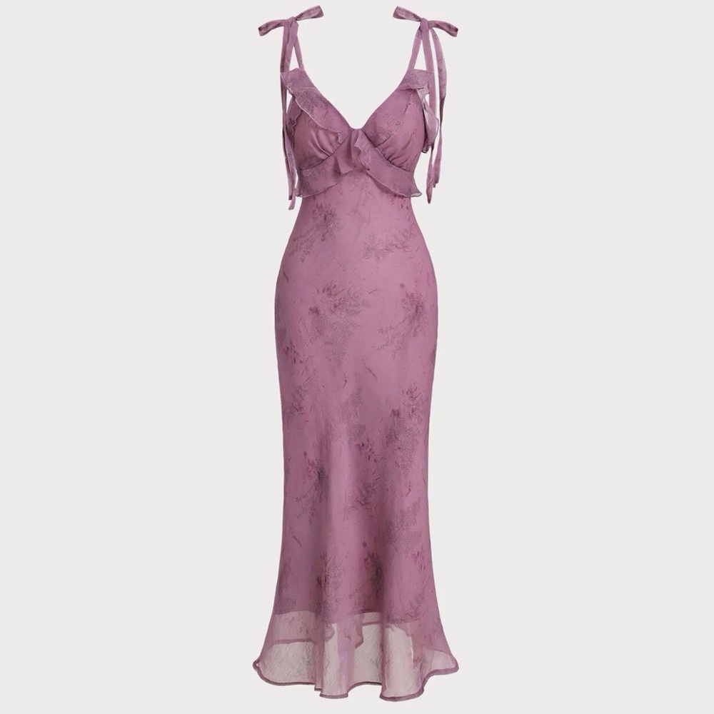 NWT RIHOAS Purple Floral Ruffle Tie Strap Midi Dress